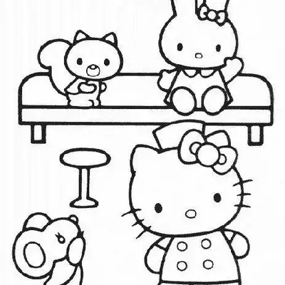 Desenho da Hello Kitty Médica com Amigos para Colorir