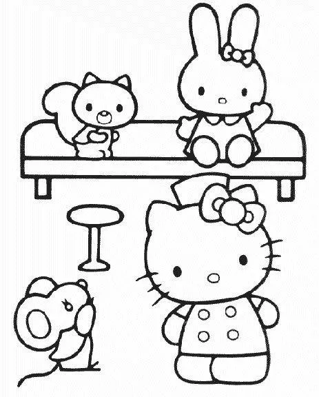 Desenho de contorno em preto e branco da Hello Kitty usando um chapéu de enfermeira e avental, em um consultório com um coelho, um esquilo e um rato.