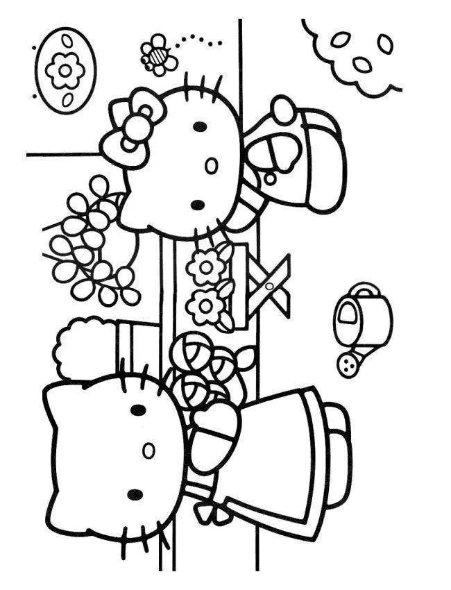 Desenho de contorno em preto e branco da Hello Kitty e Mimmy em um jardim; uma segura flores e a outra está perto de vasos e um regador.