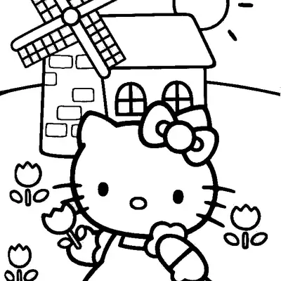 Desenho da Hello Kitty no Campo com Moinho para Colorir