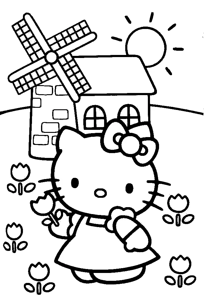 Desenho de contorno em preto e branco da Hello Kitty usando vestido e laço, segurando uma flor em frente a um moinho de vento e um sol radiante.