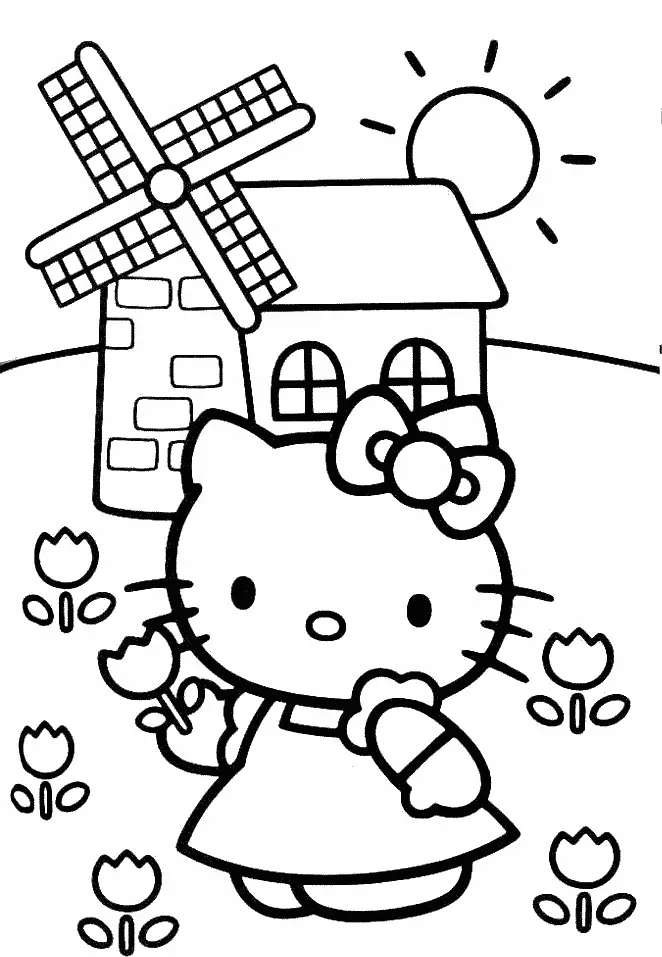 Desenho de contorno em preto e branco da Hello Kitty segurando uma tulipa, com um moinho de vento, uma casa, o sol e várias tulipas ao redor.