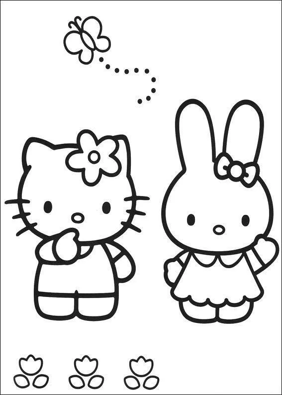 Desenho de contorno em preto e branco da Hello Kitty com uma flor na cabeça e sua amiga coelhinha observando uma borboleta voando sobre três tulipas.