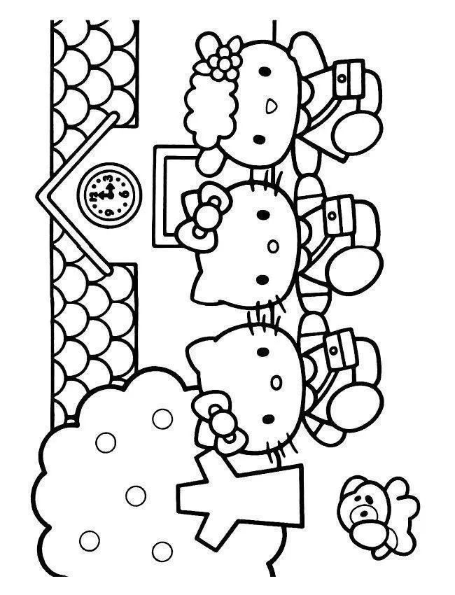 Desenho de contorno em preto e branco da Hello Kitty e três amigos usando mochilas em frente a uma escola com relógio.