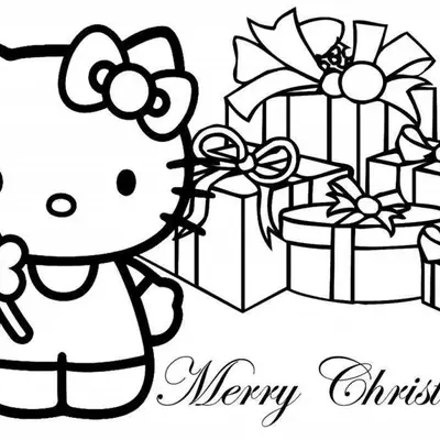 Desenho de contorno em preto e branco da Hello Kitty segurando uma flor, em pé ao lado de vários pacotes de presente com laços e a frase Merry Christmas.