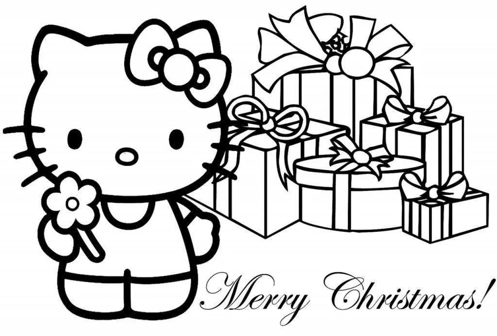Desenho de contorno em preto e branco da Hello Kitty segurando uma flor, em pé ao lado de vários pacotes de presente com laços e a frase Merry Christmas.
