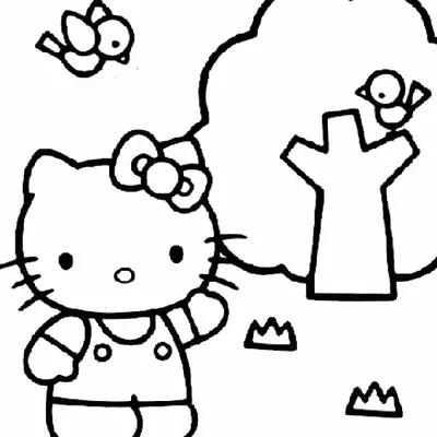 Desenho da Hello Kitty com Passarinhos e Árvore para Colorir