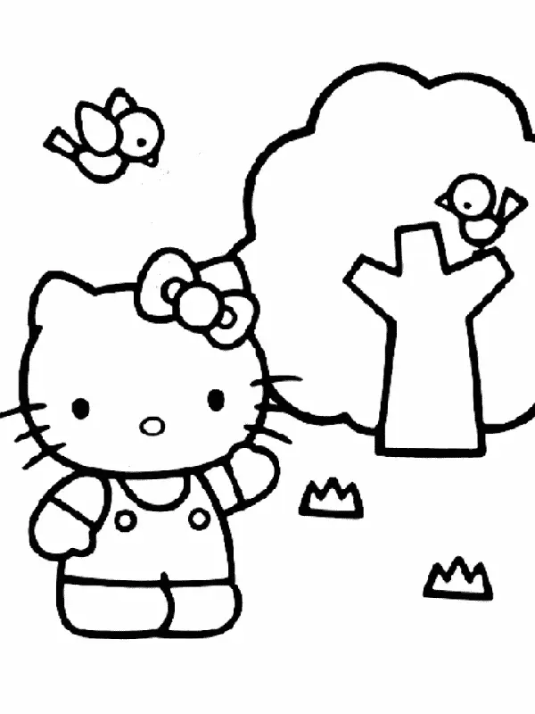 Desenho de contorno em preto e branco da Hello Kitty em um campo, acenando para um passarinho voando e outro em uma árvore.