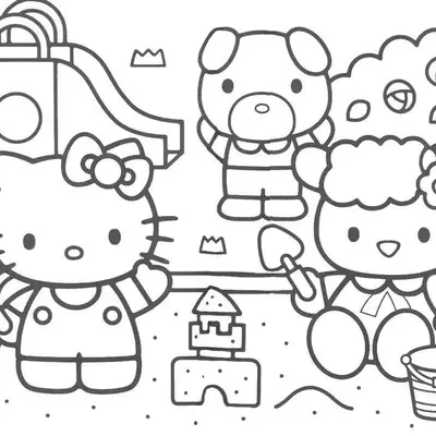 Desenho de contorno em preto e branco da Hello Kitty e dois amigos animais em uma caixa de areia, segurando pás e baldes ao lado de um escorregador.