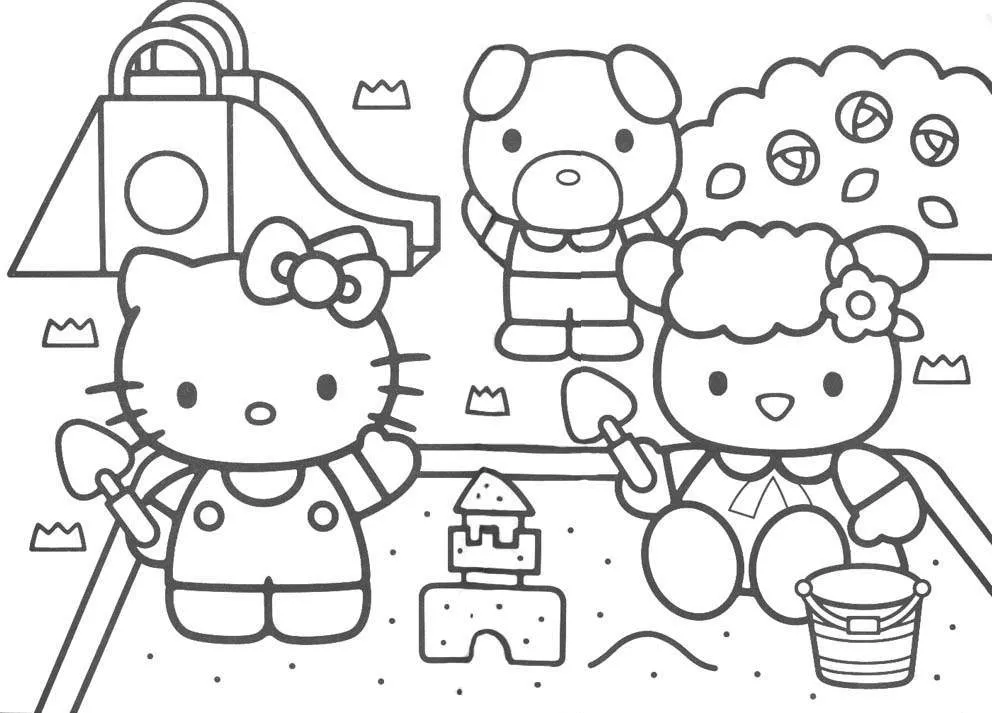 Desenho de contorno em preto e branco da Hello Kitty e dois amigos animais em uma caixa de areia, segurando pás e baldes ao lado de um escorregador.