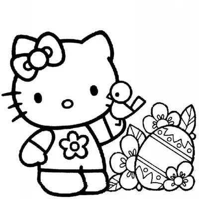 Desenho de contorno em preto e branco da Hello Kitty usando camiseta de flor, segurando um pintinho no braço ao lado de um ovo de Páscoa em um jardim.