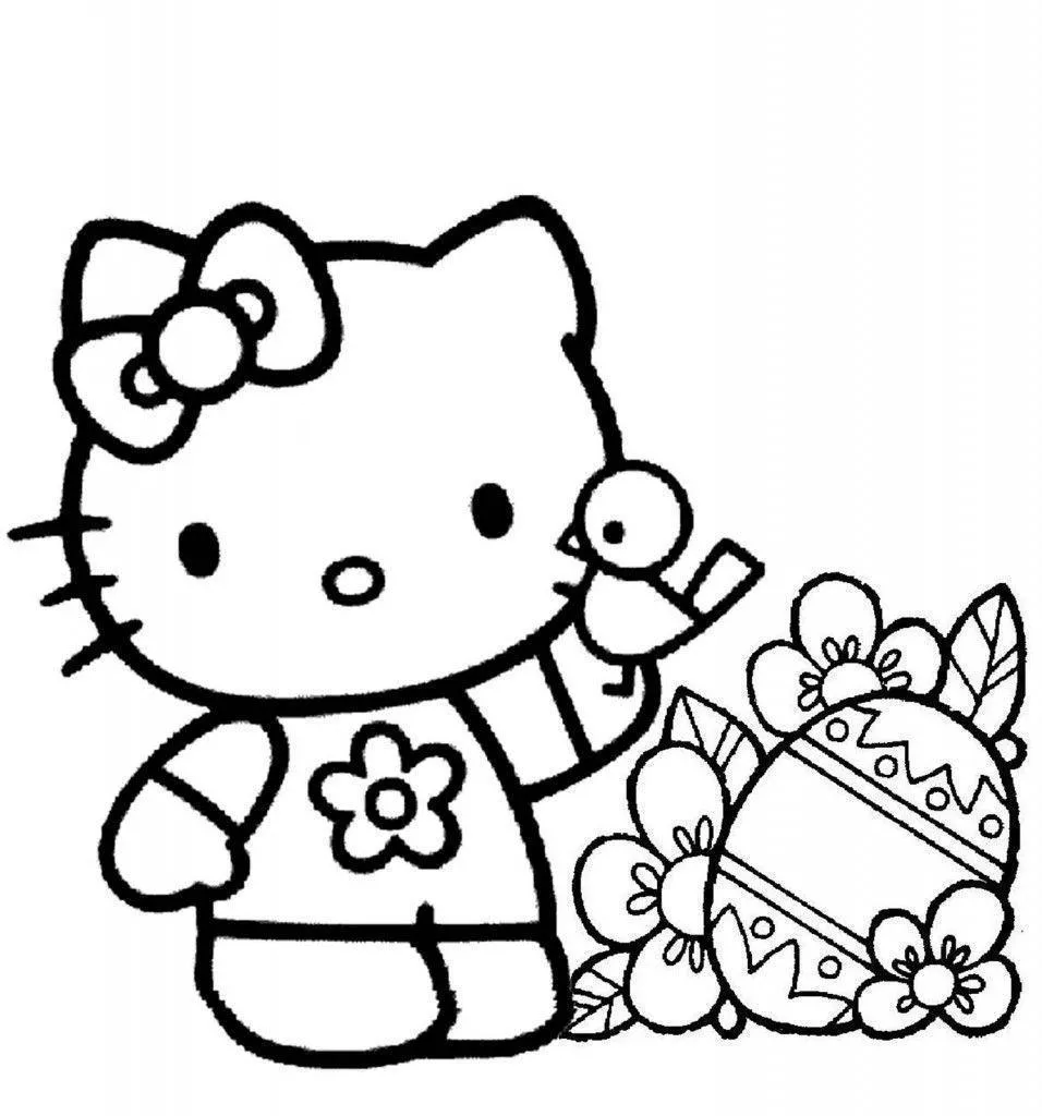 Desenho de contorno em preto e branco da Hello Kitty usando camiseta de flor, segurando um pintinho no braço ao lado de um ovo de Páscoa em um jardim.