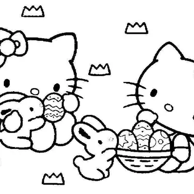 Desenho de contorno em preto e branco da Hello Kitty segurando um coelhinho e outra Hello Kitty com uma cesta de ovos de Páscoa e coroas ao redor.