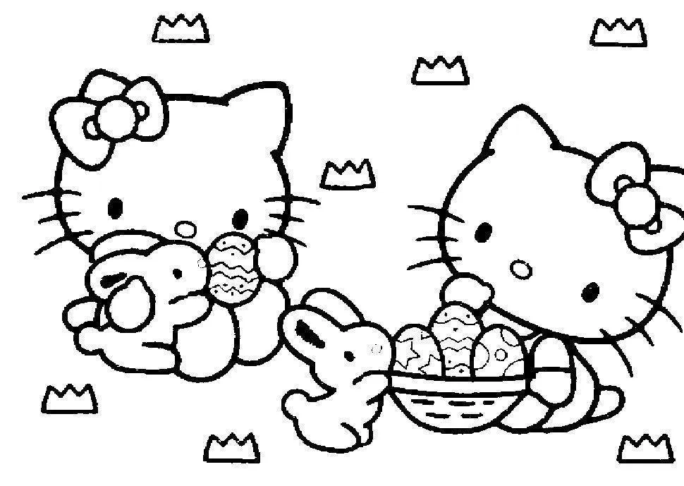 Desenho de contorno em preto e branco da Hello Kitty segurando um coelhinho e outra Hello Kitty com uma cesta de ovos de Páscoa e coroas ao redor.