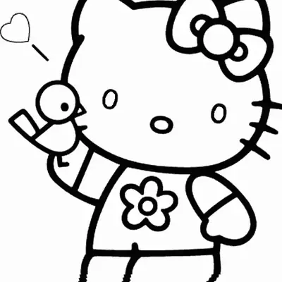 Desenho de contorno em preto e branco da Hello Kitty usando uma camiseta com estampa de flor, segurando um passarinho e com um coração ao lado.
