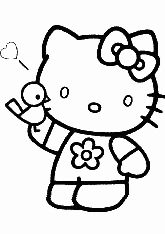 Desenho de contorno em preto e branco da Hello Kitty usando uma camiseta com estampa de flor, segurando um passarinho e com um coração ao lado.