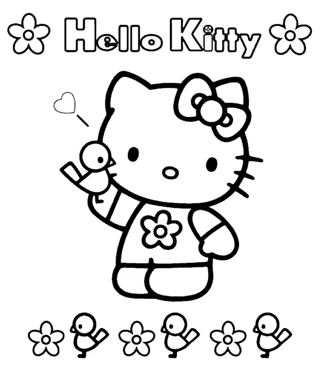 Desenho de contorno em preto e branco da Hello Kitty segurando um passarinho, com o nome Hello Kitty no topo e uma fileira de pássaros e flores abaixo.