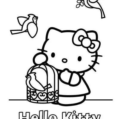Desenho da Hello Kitty Cuidando de Passarinhos para Colorir