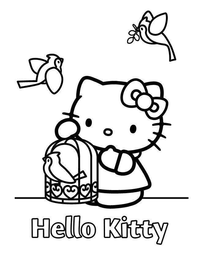 Desenho de contorno em preto e branco da Hello Kitty sentada ao lado de uma gaiola com um pássaro dentro, e dois pássaros voando no ar.
