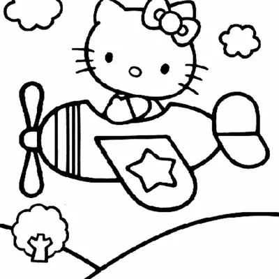 Desenho da Hello Kitty Pilotando um Avião para Colorir