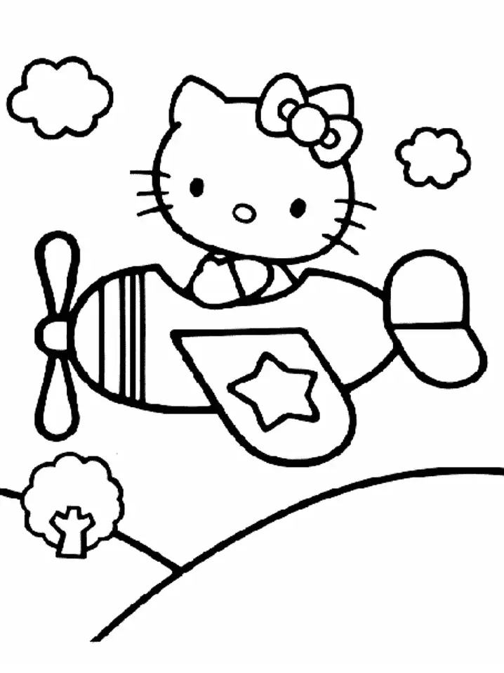 Desenho de contorno em preto e branco da Hello Kitty dentro de um avião monomotor com uma estrela na asa, voando sobre uma colina com árvore.