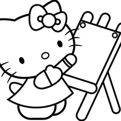 Desenho de contorno em preto e branco da Hello Kitty segurando um pincel grosso, em pé ao lado de um cavalete de pintura em branco.