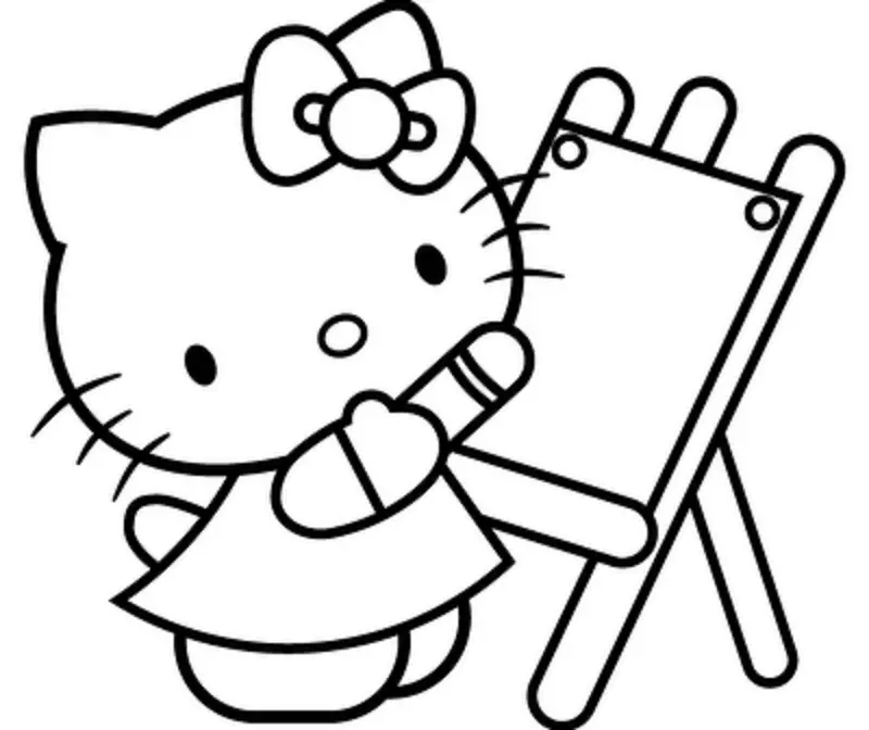 Desenho de contorno em preto e branco da Hello Kitty segurando um pincel grosso, em pé ao lado de um cavalete de pintura em branco.