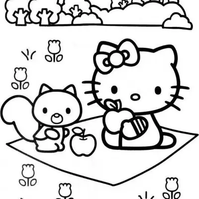 Desenho de contorno em preto e branco da Hello Kitty sentada em uma toalha de piquenique com um esquilo, ambos segurando maçãs, cercados por tulipas e árvores.