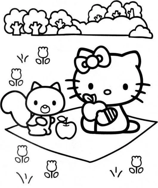 Desenho de contorno em preto e branco da Hello Kitty sentada em uma toalha de piquenique com um esquilo, ambos segurando maçãs, cercados por tulipas e árvores.