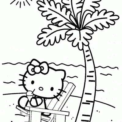 Desenho de contorno em preto e branco da Hello Kitty sentada em uma espreguiçadeira na areia, segurando um sorvete, ao lado de uma palmeira e do mar.