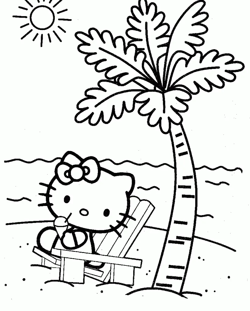 Desenho de contorno em preto e branco da Hello Kitty sentada em uma espreguiçadeira na areia, segurando um sorvete, ao lado de uma palmeira e do mar.