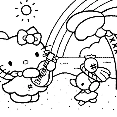 Desenho de contorno em preto e branco da Hello Kitty na areia tocando um pequeno violão, com um arco-íris saindo do instrumento e um coqueiro atrás.