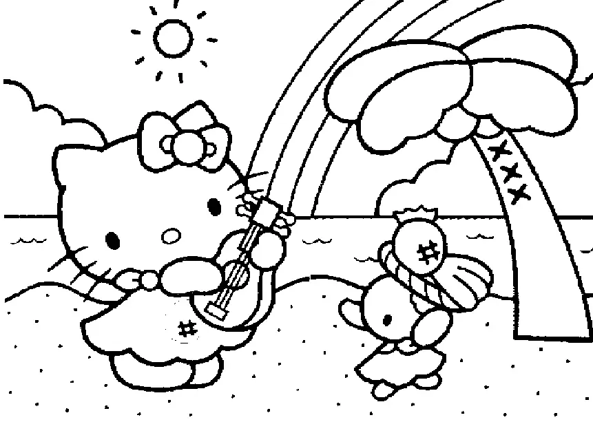 Desenho de contorno em preto e branco da Hello Kitty na areia tocando um pequeno violão, com um arco-íris saindo do instrumento e um coqueiro atrás.