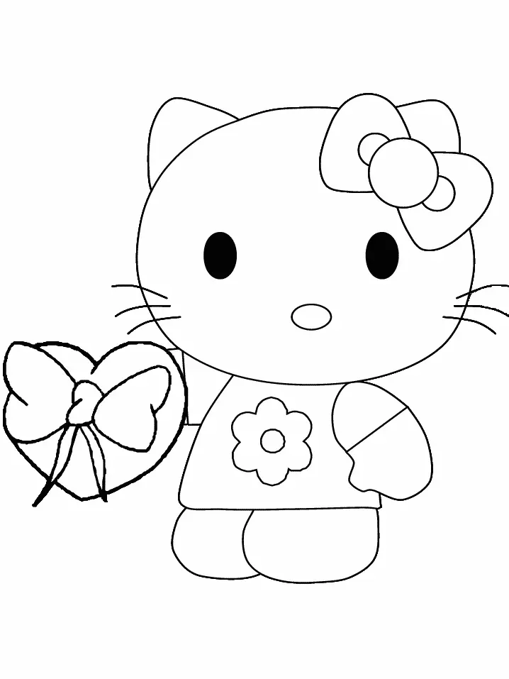 Desenho de contorno em preto e branco da Hello Kitty usando uma blusa com flor e segurando uma caixa de presente em forma de coração com um grande laço.