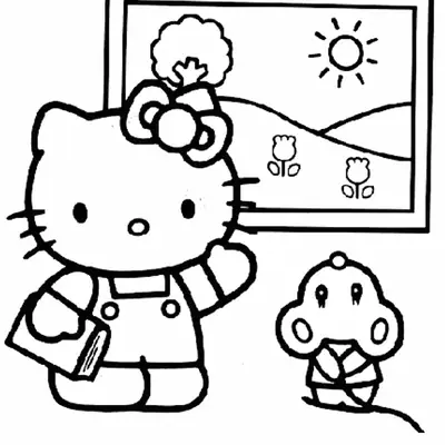 Desenho da Hello Kitty Mostrando um Quadro para Colorir