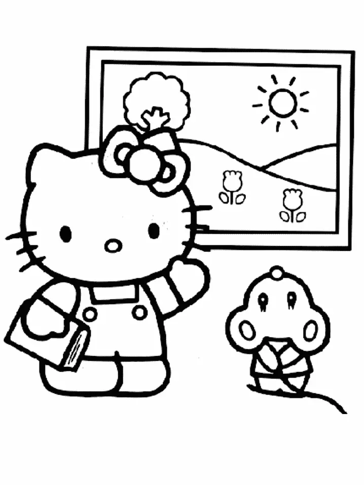 Desenho de contorno em preto e branco da Hello Kitty segurando um livro, ao lado de um quadro com sol, árvore e flores, e um ratinho no canto inferior.