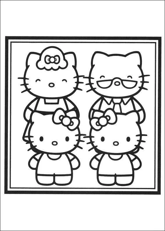 Desenho de contorno em preto e branco de quatro personagens da família Hello Kitty dentro de uma moldura quadrada.