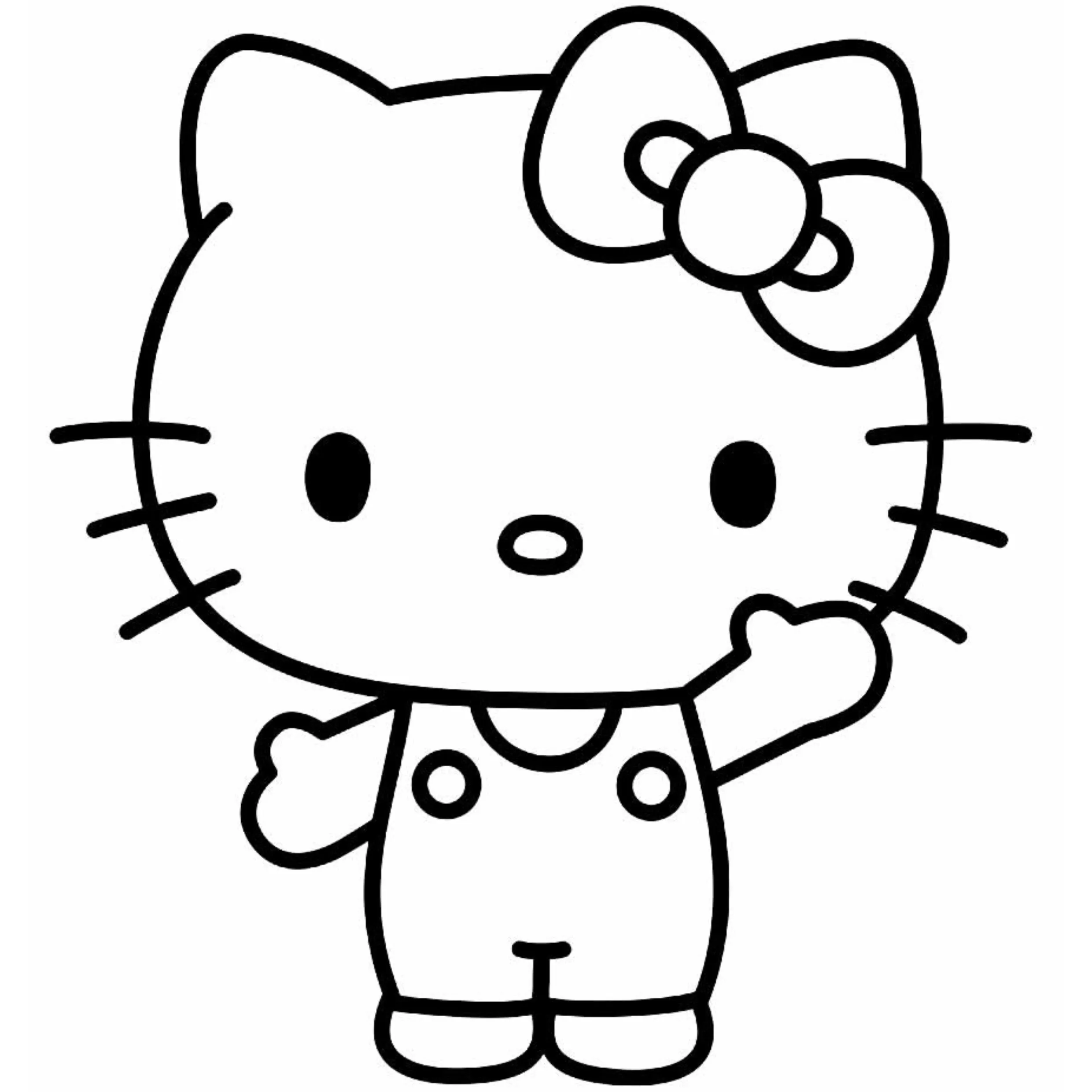 Desenho de contorno em preto e branco da Hello Kitty em pé, usando macacão e um laço na orelha esquerda, acenando com a mãozinha.