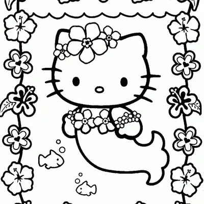 Desenho de contorno em preto e branco da Hello Kitty como sereia, usando coroa de flores e colar de flores, nadando entre peixes com uma moldura floral.