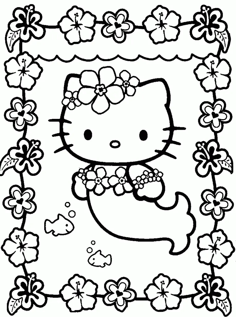 Desenho de contorno em preto e branco da Hello Kitty como sereia, usando coroa de flores e colar de flores, nadando entre peixes com uma moldura floral.