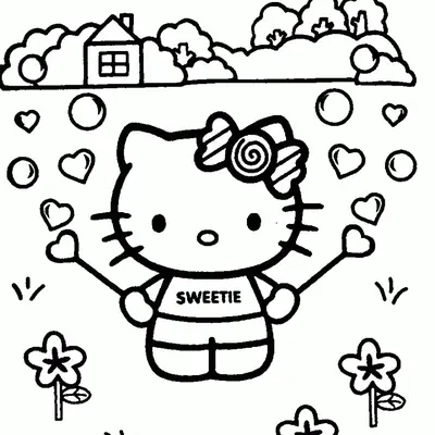 Desenho da Hello Kitty “Sweetie” com Corações no Jardim