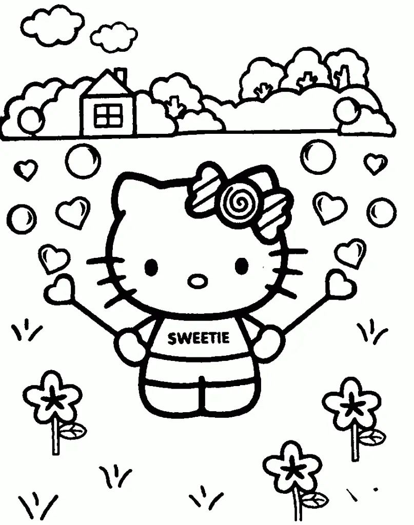 Desenho de contorno em preto e branco da Hello Kitty vestindo camiseta "Sweetie", segurando varinhas de coração, em um jardim com casa e árvores ao fundo.