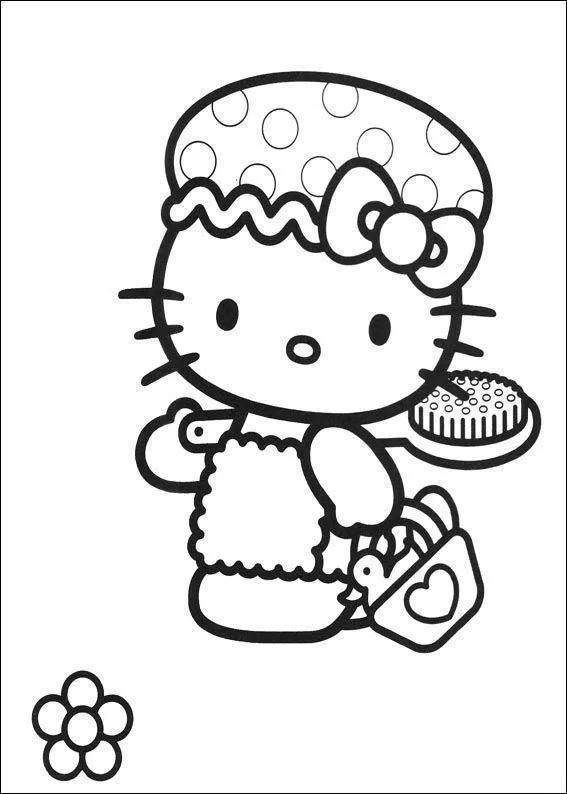 Desenho de contorno em preto e branco da Hello Kitty usando uma touca de bolinhas sobre o laço, segurando uma escova de banho e uma cesta com patinhos.