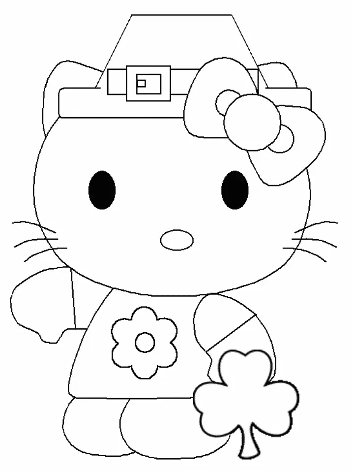 Desenho de contorno em preto e branco da Hello Kitty usando um chapéu com fivela, uma blusa com flor e segurando um trevo de quatro folhas.
