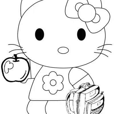 Desenho da Hello Kitty com Maçã e Mochila Escolar para Colorir