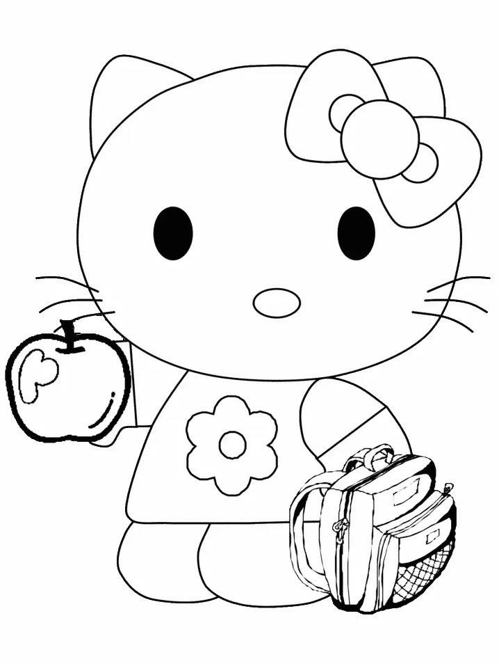 Desenho de contorno em preto e branco da Hello Kitty segurando uma maçã em uma mão e com uma mochila escolar detalhada ao lado.