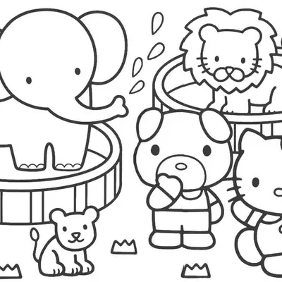 Desenho de contorno em preto e branco da Hello Kitty ao lado de um elefante esguichando água, um leão em uma plataforma e outros amigos animais.