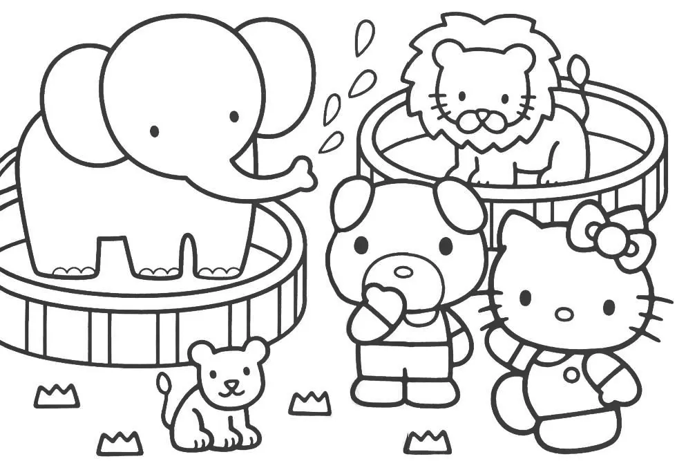 Desenho de contorno em preto e branco da Hello Kitty ao lado de um elefante esguichando água, um leão em uma plataforma e outros amigos animais.
