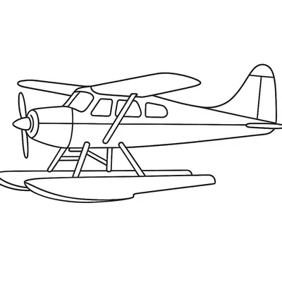 Desenho de perfil lateral de um hidroavião monomotor (seaplane). A aeronave tem uma hélice frontal, asas altas e é sustentada por dois grandes flutuadores (skis de água) presos por suportes.
