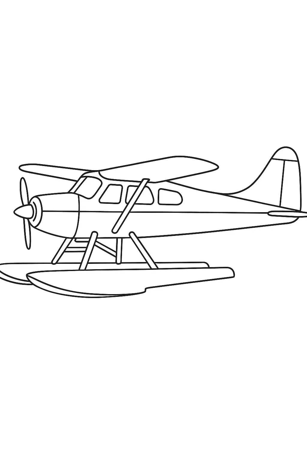Desenho de perfil lateral de um hidroavião monomotor (seaplane). A aeronave tem uma hélice frontal, asas altas e é sustentada por dois grandes flutuadores (skis de água) presos por suportes.